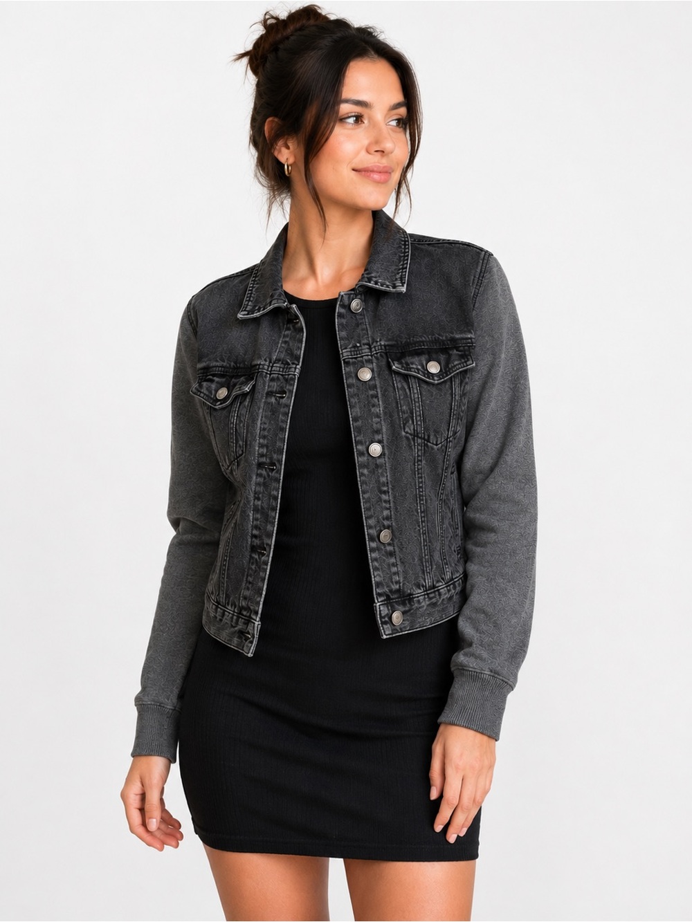 Forever 21 Black Washed Denim Jacket with Gray Knit Sleeves